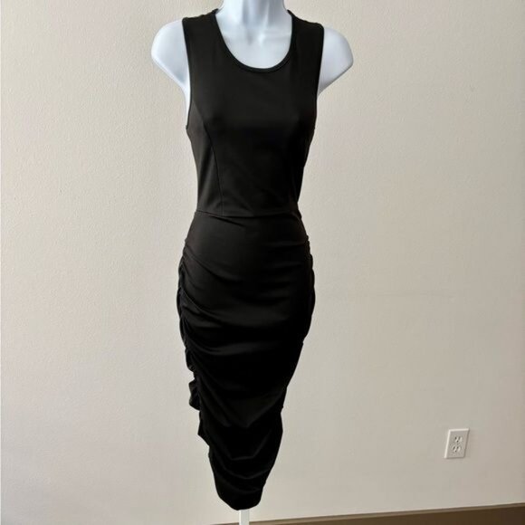 Ruched Dress Small Black Open Back BodyCon Festival Urban Streetwear Minimalist - Picture 3 of 12